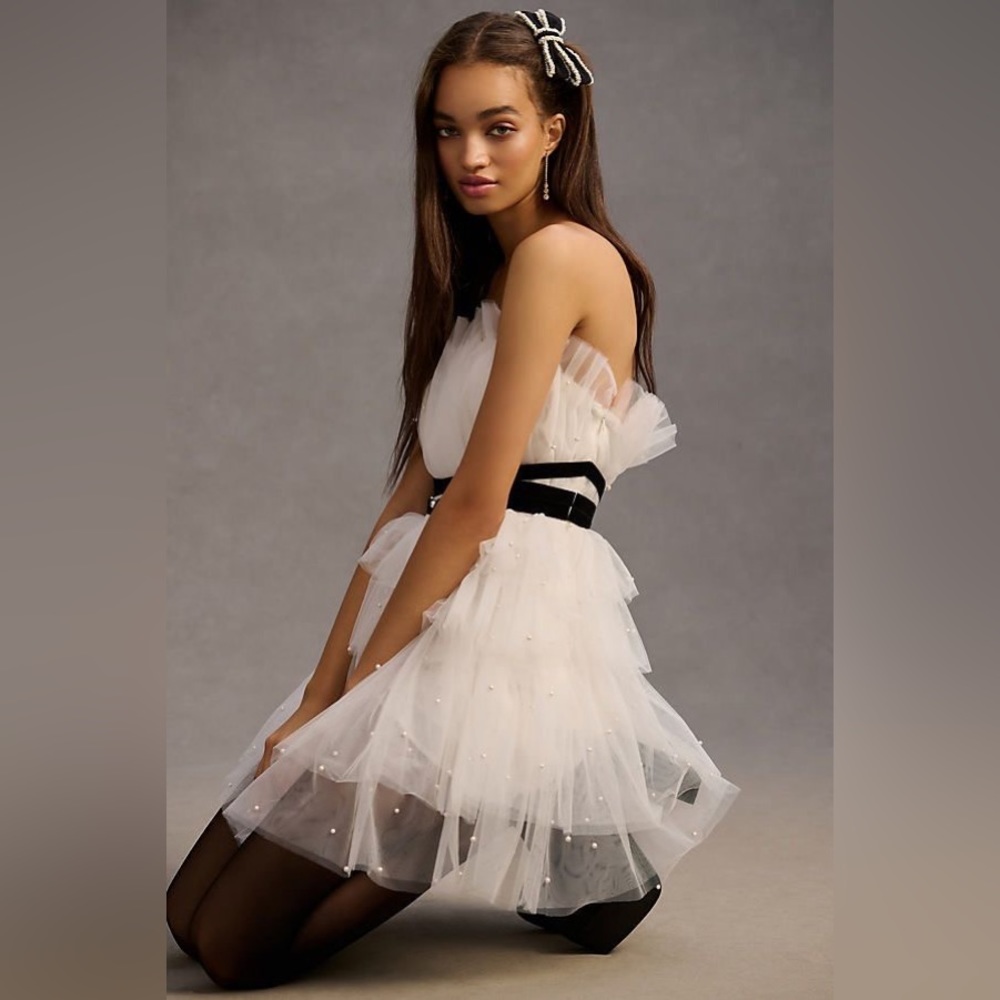Anthropologie Maeve Tiered Pearl Bridal Mini Dress